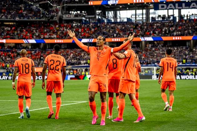 DALLAS Virgil van Dijk of the Netherlands celebrates the 1 0 goal during the Netherlands vs Japan match at the 2026 World Cup in AT T Stadium on June 14, 2026, in Dallas, United States Photo by Stefan Koops EYE4IMAGES DeFodi Images