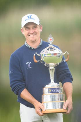 CALEDON, ON - JUNE 14: Bud Cauley of the United States holds the championship trophy after winning the final round of the RBC Canadian Open 2026 at TPC Toronto at Osprey Valley North Course on June 14, 2026 in Caledon, Ontario. (Photo by Julian Avram Icon Sportswire) GOLF: JUN 14 PGA, Golf Herren RBC Canadian Open EDITORIAL USE ONLY Icon2606140053