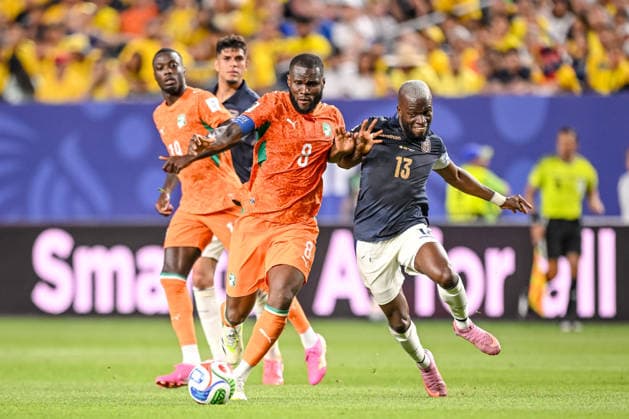 Franck Kessie Ivory Coast and Enner Valencia Ecuador battle for the ball during the FIFA World Cup 2026 Group E match between Cote D Ivoire and Ecuador at Philadelphia Stadium on June 14, 2026 in Philadelphia, United States Photo by Harry Langer DeFodi Images