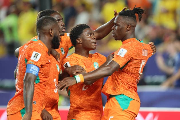 Cote D Ivoire v Ecuador: Group E - FIFA World Cup, WM, Weltmeisterschaft, Fussball 2026 Franck Kessie, Ghislain Konan, Christ Inao Oulai and Wilfried Singo of Cote D Ivoire celebrate 1st goal during the FIFA World Cup 2026 Group E match between Cote D Ivoire and Ecuador at Philadelphia Stadium on June 14, 2026 in Philadelphia, United States. WARNING! This Photograph May Only Be Used For Newspaper And Or Magazine Editorial Purposes. May Not Be Used For Publications Involving 1 player, 1 Club Or 1 Competition Without Written Authorisation From Football DataCo Ltd. For Any Queries, Please Contact Football DataCo Ltd on +44 (0) 207 864 9121 Philadelphia Philadelphia Stadium PA United States Copyright: xAllstarxPicturexLibraryxLtdx
