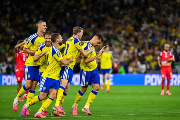 260614 Gustaf Lagerbielke, Benjamin Nygren, Jesper Karlström and Alexander Bernhardsson celebrate with Yasin Ayari of Sweden after 1 0 during the FIFA World Cup 2026 football match between Sweden and Tunisia on June 14, 2026 in Monterrey Photo Joel Marklund BILDBYRAN kod JM PA1234 bbeng fotboll football soccer fotball vm fotbolls vm fotball vm fotbolls vm 2026 fifa world cup 2026 sverige sweden sverige a tunisien tunisia jubel  Copyright: JOELxMARKLUND BB260614JM121