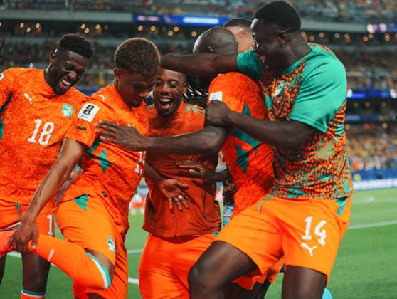 (260615) -- PHILADELPHIA, June 15, 2026 -- Amad Diallo (2nd L) of Cote d Ivoire celebrates his score with teammates during the group E match between Cote d Ivoire and Ecuador at the 2026 FIFA World Cup, WM, Weltmeisterschaft, Fussball at Philadelphia Stadium in Philadelphia, the United States, June 14, 2026. ) (SP)U.S.-PHILADELPHIA-FOOTBALL-FIFA WORLD CUP-GROUP E-CIV VS ECU XuxChang 