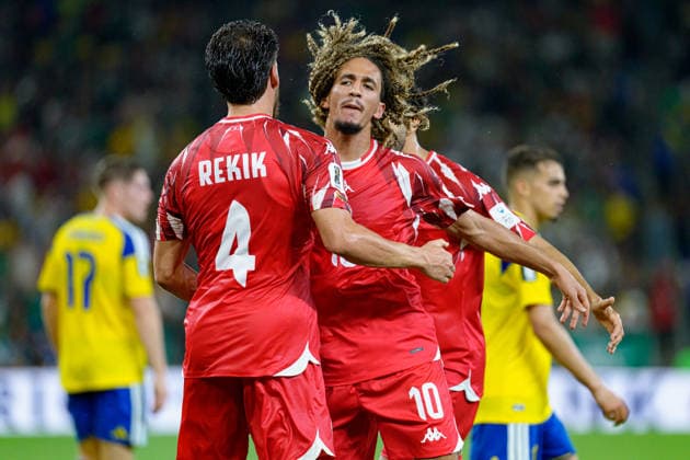 Omar Rekik and Hannibal Mejbri seen celebrating after scoring goal during FIFA World Cup, WM, Weltmeisterschaft, Fussball 2026 game between national teams of Sweden and Tunisia (Alejandro Espino Ball Raw Images) Monterrey Monterrey Stadium Mexico Copyright: xAlejandroxEspinox alejandroespino_sweden_tunisia_2526_3-40