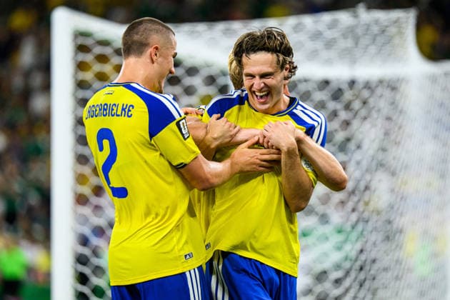 260614 Gustaf Lagerbielke, Lucas Bergvall and Mattias Svanberg of Sweden celebrate after 4 1 during the FIFA World Cup 2026 football match between Sweden and Tunisia on June 14, 2026 in Monterrey Photo Joel Marklund BILDBYRAN kod JM PA1234 bbeng fotboll football soccer fotball vm fotbolls vm fotball vm fotbolls vm 2026 fifa world cup 2026 sverige sweden sverige a tunisien tunisia jubel  Copyright: JOELxMARKLUND BB260614JM190