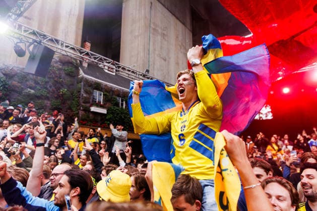 260614 Fans of Sweden follows the FIFA World Cup between Sweden and Tunisia at a big screen on June 15, 2026 at Trädgarden in Stockholm Photo Caisa Rasmussen BILDBYRAN COP 353 CR0052 fotboll football soccer fotball fifa world cup 2026 sweden tunisia stockholm bbeng jubel  Copyright: CAISAxRASMUSSEN BB260614CR003