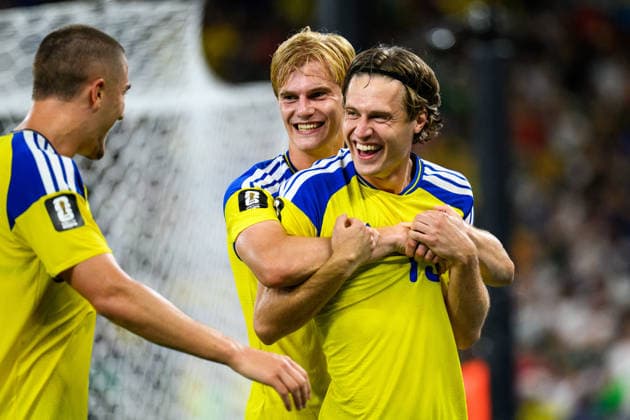 260614 Gustaf Lagerbielke, Lucas Bergvall and Mattias Svanberg of Sweden celebrate after 4 1 during the FIFA World Cup 2026 football match between Sweden and Tunisia on June 14, 2026 in Monterrey Photo Joel Marklund BILDBYRAN kod JM PA1234 bbeng fotboll football soccer fotball vm fotbolls vm fotball vm fotbolls vm 2026 fifa world cup 2026 sverige sweden sverige a tunisien tunisia jubel  Copyright: JOELxMARKLUND BB260614JM214