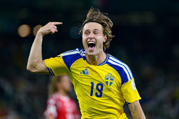 Mattias Svanberg seen celebrating after scoring goal during FIFA World Cup, WM, Weltmeisterschaft, Fussball 2026 game between national teams of Sweden and Tunisia (Alejandro Espino Ball Raw Images) Monterrey Monterrey Stadium Mexico Copyright: xAlejandroxEspinox alejandroespino_sweden_tunisia_2526_4-7