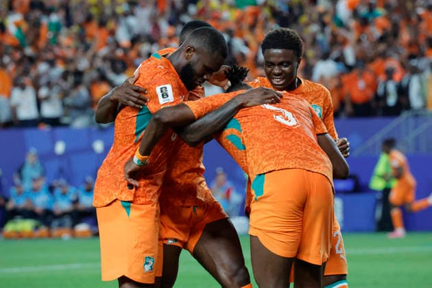 FIFA World Cup, WM, Weltmeisterschaft, Fussball - Ecuador v Ivory Coast Ivory Coast’s players’s joy after Amad Diallo scored the decisive 1-0 winning goal during the Soccer World Cup USA 2026 Group E first round game, Ecuador vs Ivory Coast in Lincoln Financial Field, Philadelphia, USA on June 14th 2026. Photo by Henri Szwarc ABACAPRESS.COM Philadelphia United States  Copyright: xSzwarcxHenri ABACAx