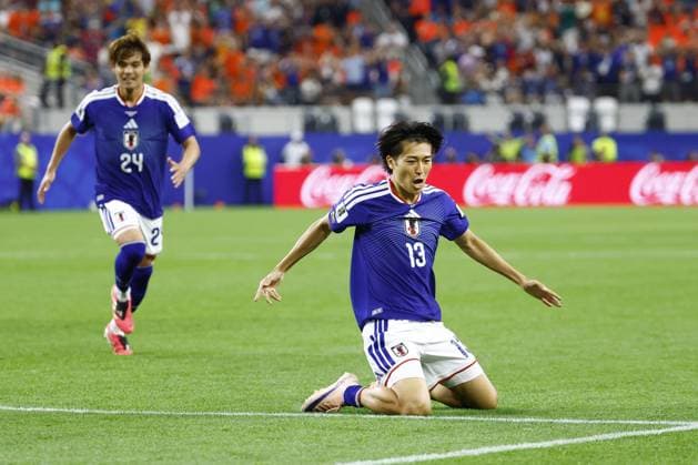 Football: 2026 World Cup Japan s Keito Nakamura (13) reacts after scoring in the second half of a World Cup Group F football match against the Netherlands at Dallas Stadium in Arlington, Texas, on June 14, 2026.  A14AA0005618785P