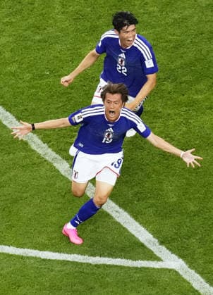 Football: 2026 World Cup Japan s Koki Ogawa (front) celebrates after Daichi Kamada scores the team s second goal in the second half of a World Cup Group F football match against the Netherlands at Dallas Stadium in Arlington, Texas, on June 14, 2026.  A14AA0005618791P