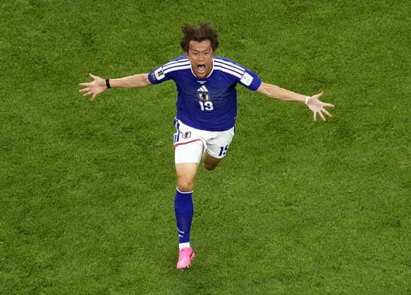 Football: 2026 World Cup Japan s Koki Ogawa celebrates after Daichi Kamada scores the team s second goal in the second half of a World Cup Group F football match against the Netherlands at Dallas Stadium in Arlington, Texas, on June 14, 2026.  A14AA0005618794P
