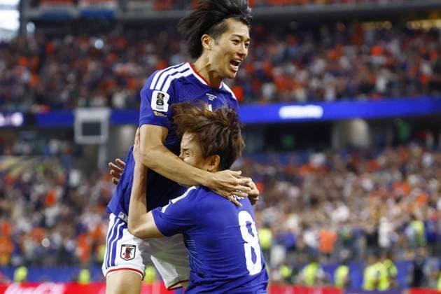 Football: 2026 World Cup Japan s Keito Nakamura (top) hugs Takefusa Kubo after scoring in the second half of a World Cup Group F football match against the Netherlands at Dallas Stadium in Arlington, Texas, on June 14, 2026.  A14AA0005618822P