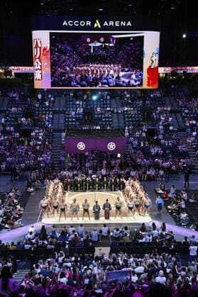 Sumo: Paris tournament Sumo wrestlers line up during the closing ceremony of a two-day exhibition sumo tournament at Accor Arena in Paris on June 14, 2026.  A14AA0005618865P