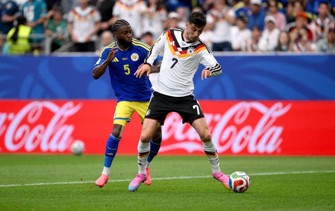 Soccer FIFA World Cup 2026 Preliminary Round Group E in Houston Germany Curacao 14 06 2026 Sherel Floranus left, Curacao against Kai Havertz right, Germany