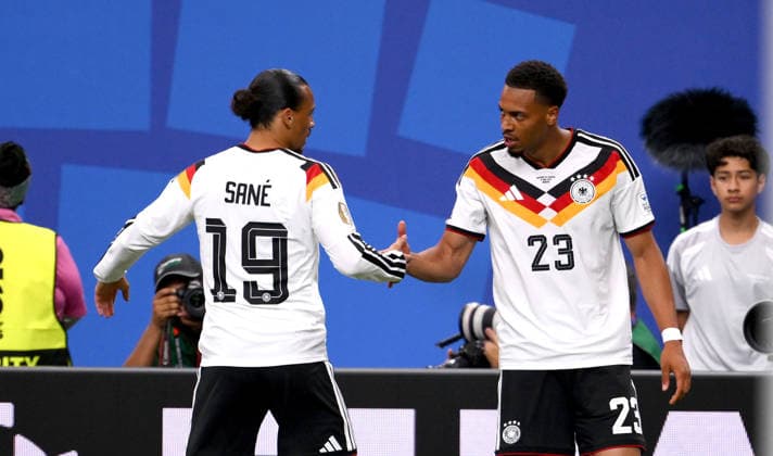 Soccer FIFA World Cup 2026 preliminary round group E in Houston Germany Curacao 14 06 2026 Cheering Germany after the goal to 1 0 , from left , Leroy Sane with goal scorer Felix Nmecha Germany