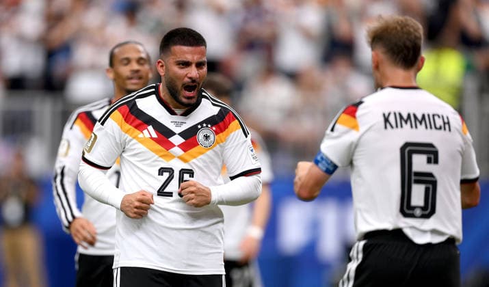 Soccer FIFA World Cup 2026 preliminary round group E in Houston Germany Curacao 14 06 2026 Germany celebrating after the goal to 6 1, from left, goal scorer Deniz Undav with Joshua Kimmich