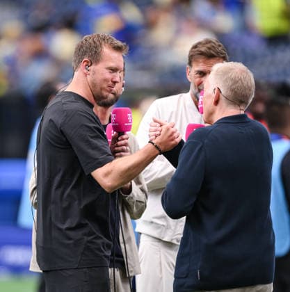 Soccer FIFA World Cup 2026 preliminary round group E in Houston Germany Curacao 14 06 2026 national coach Julian Nagelsmann left, Germany with shake hands with magenta magician Johjanner B Kerner