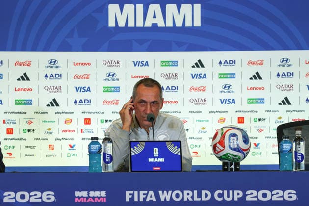 (260615) -- MIAMI, June 15, 2026 -- Donis Georgios, head coach of Saudi Arabia attends a press conference, PK, Pressekonferenz ahead of Group H match between Saudi Arabia and Uruguay at the FIFA World Cup, WM, Weltmeisterschaft, Fussball 2026 at Miami Stadium, Miami, the United States, June 14, 2026. ) (SP)U.S.-MIAMI-FOOTBALL-FIFA WORLD CUP-PRESS CONFERENCE-SAUDI ARABIA XuxZijian 