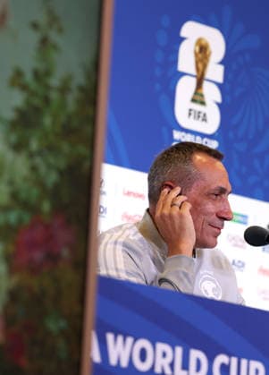 (260615) -- MIAMI, June 15, 2026 -- Donis Georgios, head coach of Saudi Arabia attends a press conference, PK, Pressekonferenz ahead of Group H match between Saudi Arabia and Uruguay at the FIFA World Cup, WM, Weltmeisterschaft, Fussball 2026 at Miami Stadium, Miami, the United States, June 14, 2026. ) (SP)U.S.-MIAMI-FOOTBALL-FIFA WORLD CUP-PRESS CONFERENCE-SAUDI ARABIA ZhangxChen 