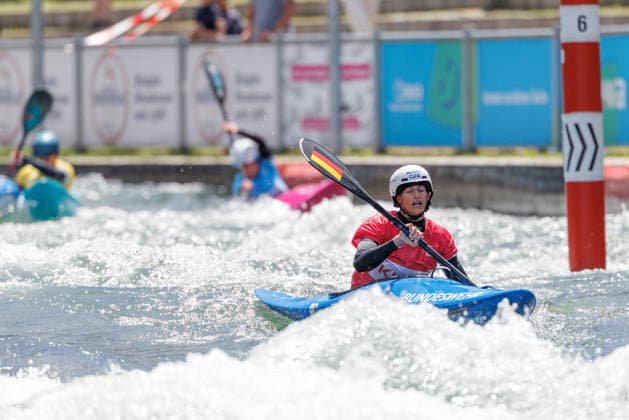 Ricarda Funk GER at ICF CANOE SLALOM WORLD CUP, Canoeing, Women, Kayak Cross, 2026, on 14 06 2026 in Augsburg, Eiskanal Bayern Germany