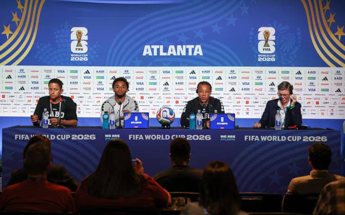 (260615) -- ATLANTA, June 15, 2026 -- Bubista (2nd R), head coach of Cape Verde, and player Ryan Mendes (2nd L) attend a press conference, PK, Pressekonferenz ahead of Group H match between Spain and Cape Verde at the FIFA World Cup, WM, Weltmeisterschaft, Fussball 2026 at Atlanta Stadium in Atlanta, the United States, June 14, 2026. ) (SP)U.S.-ATLANTA-FOOTBALL-FIFA WORLD CUP-PRESS CONFERENCE-CAPE VERDE WangxKaiyan 