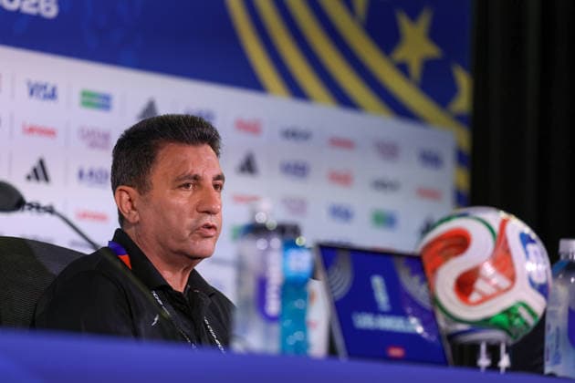 (260615) -- LOS ANGELES, June 15, 2026 -- Iran s head coach Amir Ghalenoei attends a press conference, PK, Pressekonferenz at Los Angeles Stadium in Los Angeles, the United States, on June 14, 2026. ) (SP)U.S.-LOS ANGELES-FOOTBALL FIFA World Cup, WM, Weltmeisterschaft, Fussball PRESS CONFERENCE-IRAN MaoxSiqian 