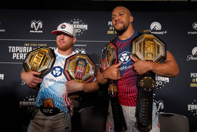 UFC Freedom 250 Post-Fight press conference, PK, Pressekonferenz WASHINGTON, DC - JUNE 15: Justin Gaethje and Ciryl Gane hold up their belts following a press conference with other fight winners and Dana White following UFC Freedom 250 at the JW Marriott in Washington, DC on June 15, 2026. Nathan Posner Anadolu Washington United States. Editorial use only. Please get in touch for any other usage.  Copyright: x2026xAnadoluxNathanxPosnerx