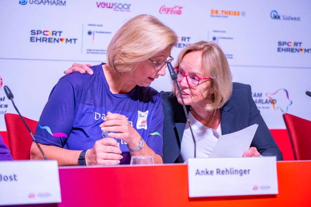 The Special Olympics National Games start on Monday 15 6 2026 in Saarland Minister-President Anke Rehlinger at the start press conference in Saarbrücken l with the President of the Special Olympics Christiane Krajewski bub