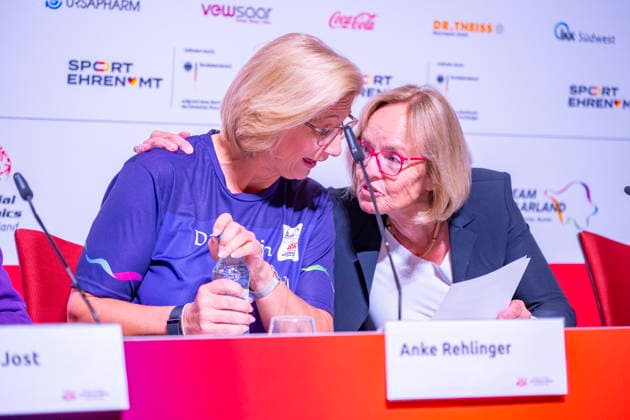 The Special Olympics National Games start on Monday 15 6 2026 in Saarland Minister-President Anke Rehlinger at the start press conference in Saarbrücken l with the President of the Special Olympics Christiane Krajewski bub