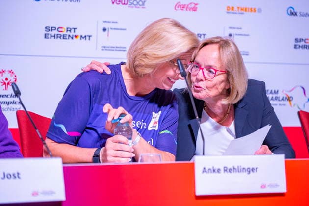 The Special Olympics National Games start on Monday 15 6 2026 in Saarland Minister-President Anke Rehlinger at the start press conference in Saarbrücken l with the President of the Special Olympics Christiane Krajewski bub
