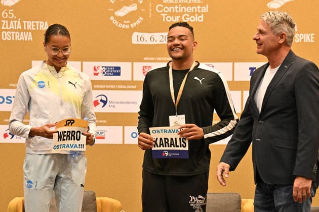 From left Swiss track and field athlete Audrey Werro, Greek pole vaulter Emmanuil Karalis (Manolo), Jan Zelezny, Director of Golden Spike pose for photographers during the press conference, PK, Pressekonferenz prior to the Golden Spike Ostrava 2026 - World Athletics Continental Tour Gold, in Ostrava, Czech Republic, June 15, 2026. (CTKxPhoto JaroslavxOzana) CTKPhotoP2026061505962  CTKPhotoP2026061505962