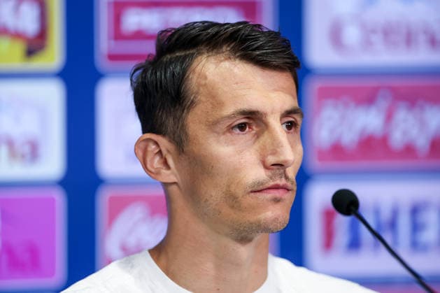 Croatia Training And press conference, PK, Pressekonferenz - FIFA World Cup, WM, Weltmeisterschaft, Fussball 2026 Ante Budimir of Croatia speaks to the media during a press conference of Croatia National Football Team at training centre at Episcopal High School on June 15, 2026 in Alexandria, Virginia.  IgorxKralj PIXSELL