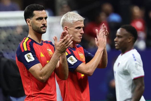 FIFA World Cup, WM, Weltmeisterschaft, Fussball 2026 - Group H - Spain vs Cabo Verde Mikel Merino (L) amd Dani Olmo of Spain react after the FIFA World Cup 2026 group stage match Spain vs Cabo Verde, in Atlanta, USA, 15 June 2026. ATLANTA United States  Copyright: xRONALDxWITTEKx