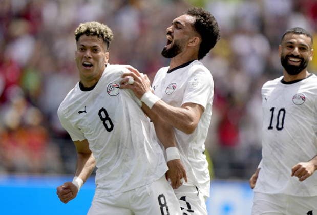 FIFA World Cup, WM, Weltmeisterschaft, Fussball 2026 - Group G - Belgium vs Egypt Emam Ashour (L) of Egypt celebrates with teammates after scoring the opening goal during the FIFA World Cup 2026 group stage match Belgium against Egypt, in Seattle, USA, 15 June 2026. SEATTLE United States  Copyright: xSTEPHENxBRASHEARx