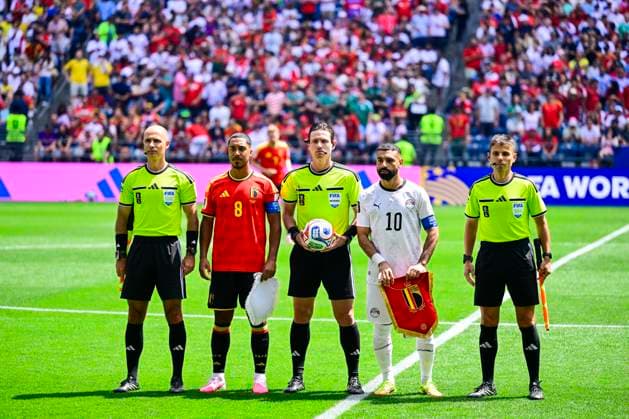 Belgium vs Egypt - 2026 FIFA World Cup, WM, Weltmeisterschaft, Fussball SEATTLE, USA - JUNE 15 : Illustration picture Tielemans Youri midfielder of Belgium and Salah Mohamed forward of Egypt with referees during the FIFA World Cup 2026 Group G match between Belgium and Egypt at the Lumen Field stadium on June 15, 2026 in Seattle, USA, 15 06 2026 Seattle United States of America  Copyright: xJanxDexMeuleneirx