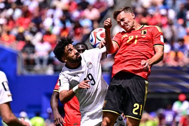 Egypt s Marwan Attia and Belgium s Timothy Castagne fight for the ball during a soccer game between Belgian national team, Nationalteam Red Devils and Egypt, on Monday 15 June 2026 in Seattle, the first game in the group stage of the FIFA World Cup, WM, Weltmeisterschaft, Fussball 2026 in the United States of America. The Diables Rouges - Rode Duivels were drawn into Group G. DIRKxWAEM  x177811724x