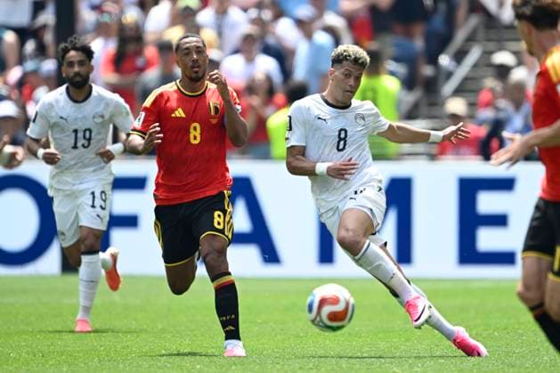 Belgium vs Egypt - 2026 FIFA World Cup, WM, Weltmeisterschaft, Fussball SEATTLE, USA - JUNE 15 : Tielemans Youri midfielder of Belgium and Ashour Emam midfielder of Egypt battle for the ball during the FIFA World Cup 2026 Group G match between Belgium and Egypt at the Lumen Field stadium on June 15, 2026 in Seattle, USA, 15 06 2026 Seattle United States of America  Copyright: xNicoxVereeckenx