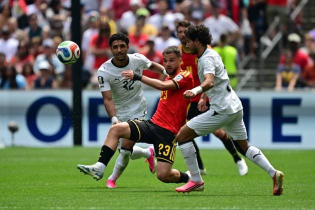 Egypt s Omar Marmoush and Belgium s Nicolas Raskin pictured in action during a soccer game between Belgian national team, Nationalteam Red Devils and Egypt, on Monday 15 June 2026 in Seattle, the first game in the group stage of the FIFA World Cup, WM, Weltmeisterschaft, Fussball 2026 in the United States of America. The Diables Rouges - Rode Duivels were drawn into Group G. DIRKxWAEM  x177814514x