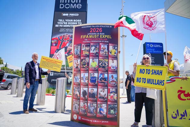 Football, 2026 FIFA World Cup, Iran v New Zealand, Iranian exiles demonstrate outside SoFi Stadium in Los Angeles