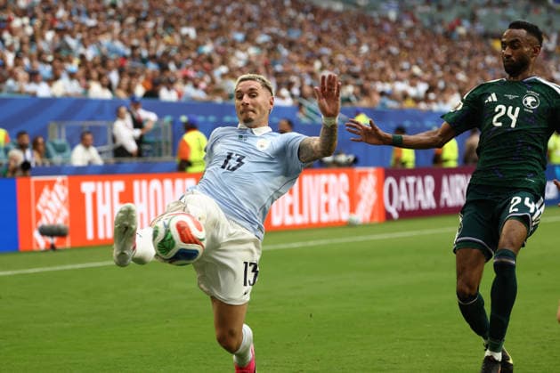 MIAMI GARDENS, FL - JUNE 15: Uruguay defender Guillermo Varela (13) runs down a pass int he first half during the FIFA World Cup, WM, Weltmeisterschaft, Fussball 2026 Group H match between Saudi Arabia and Uruguay on Monday, June 16, 2026 at Miami Stadium in Miami Gardens, FL (Photo by Peter Joneleit Icon Sportswire) SOCCER: JUN 15 FIFA World Cup 26 Group H - Saudi Arabia vs Uruguay EDITORIAL USE ONLY Icon260615013