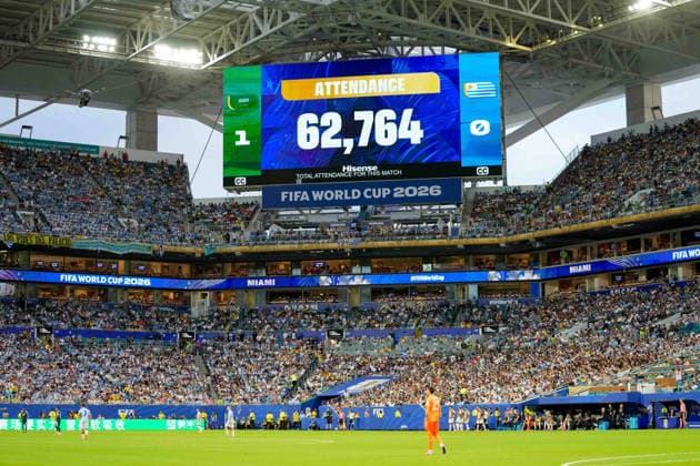 Scoreboard showing attendance during the 2026 FIFA World Cup Group H match between Saudi Arabia and Uruguay at Miami Stadium on June 15, 2026, in Miami, United States. Photo by Alex Gottschalk, DeFodi Images,detected_source_language