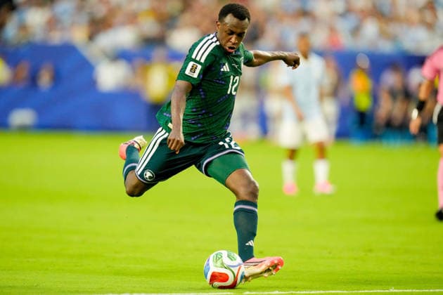 Saud Abdulhamid of Saudi Arabia controls the ball during the 2026 FIFA World Cup Group H match between Saudi Arabia and Uruguay at Miami Stadium on June 15, 2026, in Miami, United States. Photo by Alex Gottschalk, DeFodi Images,detected_source_language