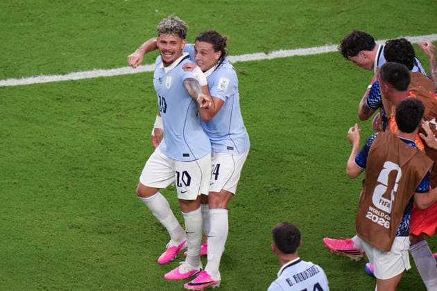Maxi Araujo (L) of Uruguay celebrates after scoring during the FIFA World Cup, WM, Weltmeisterschaft, Fussball 2026 group stage H soccer match between Saudi Arabia and Uruguay at Hard Rock Stadium in Miami, USA, 15 June 2026. FIFA World Cup 2026 - Group H - Saudi Arabia vs Uruguay !ACHTUNG: NUR REDAKTIONELLE NUTZUNG!  Copyright: xALBERTOxBOALx GR2133 20260616-55020606813_1