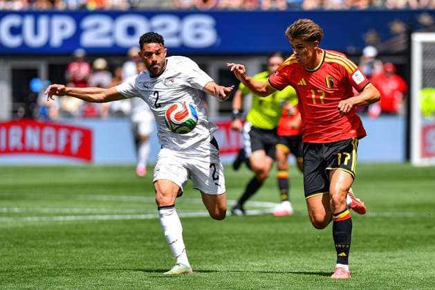 June 15, 2026: Egypt Defender Yasser Ibrahim (2) and Belgium Forward Charles De Ketelaere (17) chase the ball during the FIFA World Cup, WM, Weltmeisterschaft, Fussball soccer match between Belgium and the Egypt in Seattle, WA. The match ended in a 1-1 draw. CSM Seattle United States - ZUMAc04_ 20260615_zma_c04_026 Copyright: xStevexFaberx
