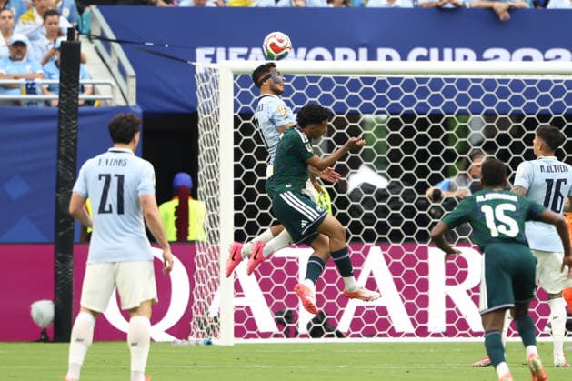 MIAMI GARDENS, FL - JUNE 15: Uruguay defender Sebastian Caceres (3) heads the ball away from an attacker in the first half during the FIFA World Cup, WM, Weltmeisterschaft, Fussball 2026 Group H match between Saudi Arabia and Uruguay on Monday, June 16, 2026 at Miami Stadium in Miami Gardens, FL (Photo by Peter Joneleit Icon Sportswire) SOCCER: JUN 15 FIFA World Cup 26 Group H - Saudi Arabia vs Uruguay EDITORIAL USE ONLY Icon260615047