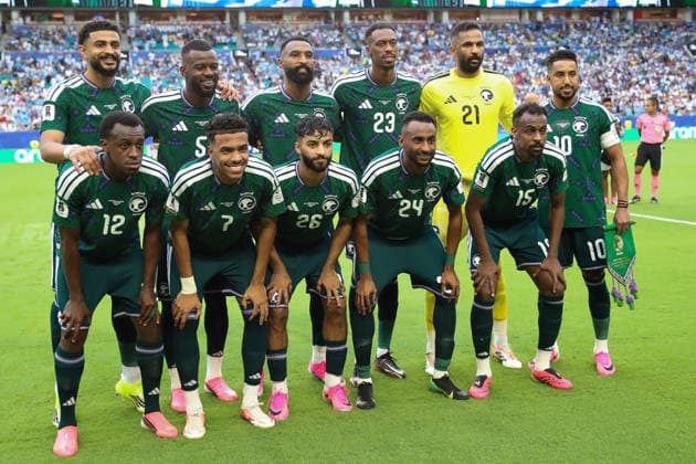 MIAMI GARDENS, FL - JUNE 15: Saudi Arabia starting eleven pose for a photograph before a FIFA World Cup, WM, Weltmeisterschaft, Fussball 2026 Group H match between Saudi Arabia and Uruguay on June 15, 2026 at Miami Stadium, in Miami Gardens, Fla.(Photo by Chris Arjoon Icon Sportswire) SOCCER: JUN 15 FIFA World Cup 26 Group H - Saudi Arabia vs Uruguay EDITORIAL USE ONLY Icon26061500100001