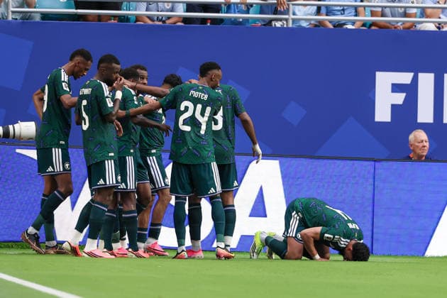 MIAMI GARDENS, FL - JUNE 15: Abdulelah al-Amri 4(R) of Saudi Arabia celebrates scoring a goal during a FIFA World Cup, WM, Weltmeisterschaft, Fussball 2026 Group H match between Saudi Arabia and Uruguay on June 15, 2026 at Miami Stadium, in Miami Gardens, Fla.(Photo by Chris Arjoon Icon Sportswire) SOCCER: JUN 15 FIFA World Cup 26 Group H - Saudi Arabia vs Uruguay EDITORIAL USE ONLY Icon26061500100021