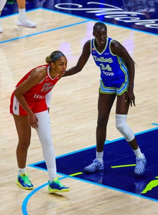 June 15, 2026, Arlington, Texas, USA: ARLINGTON, TX : Dallas Wings forward Awak Kuier (34) guards Las Vegas Aces center A ja Wilson (22) during their Commissioner CupÃ¢â‚¬â ¢s game at College Park Center in Arlington on Wednesday night. Arlington USA - ZUMAm257 20260615_zsp_m257_028 Copyright: xBrianxMcLeanx