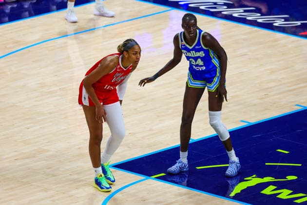 June 15, 2026, Arlington, Texas, USA: ARLINGTON, TX : Dallas Wings forward Awak Kuier (34) guards Las Vegas Aces center A ja Wilson (22) during their Commissioner CupÃ¢â‚¬â ¢s game at College Park Center in Arlington on Wednesday night. Arlington USA - ZUMAm257 20260615_zsp_m257_040 Copyright: xBrianxMcLeanx