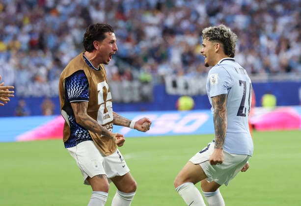 (260616) -- MIAMI, June 16, 2026 -- Maximilliano Araujo (R) of Uruguay celebrates his score during the group H match between Saudi Arabia and Uruguay at the 2026 FIFA World Cup, WM, Weltmeisterschaft, Fussball at Miami Stadium, Miami, the United States, June 15, 2026. ) (SP)U.S.-MIAMI-FOOTBALL-FIFA WORLD CUP-GROUP H-KSA VS URU ZhangxChen 